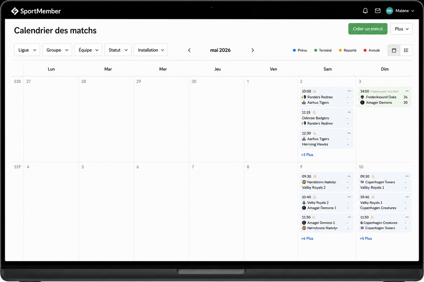 Le calendrier des matchs dans SportMember, affichable sur le site du club via un widget